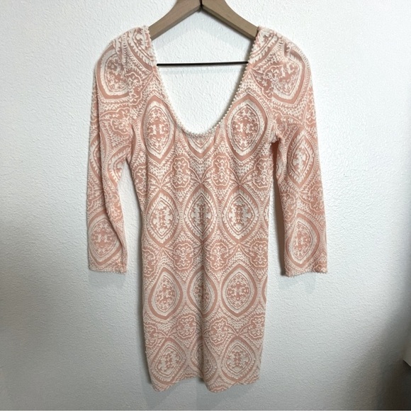 Free People Women's Peach White Embroidered Pattern Mini Fitted Dress - Picture 2 of 9